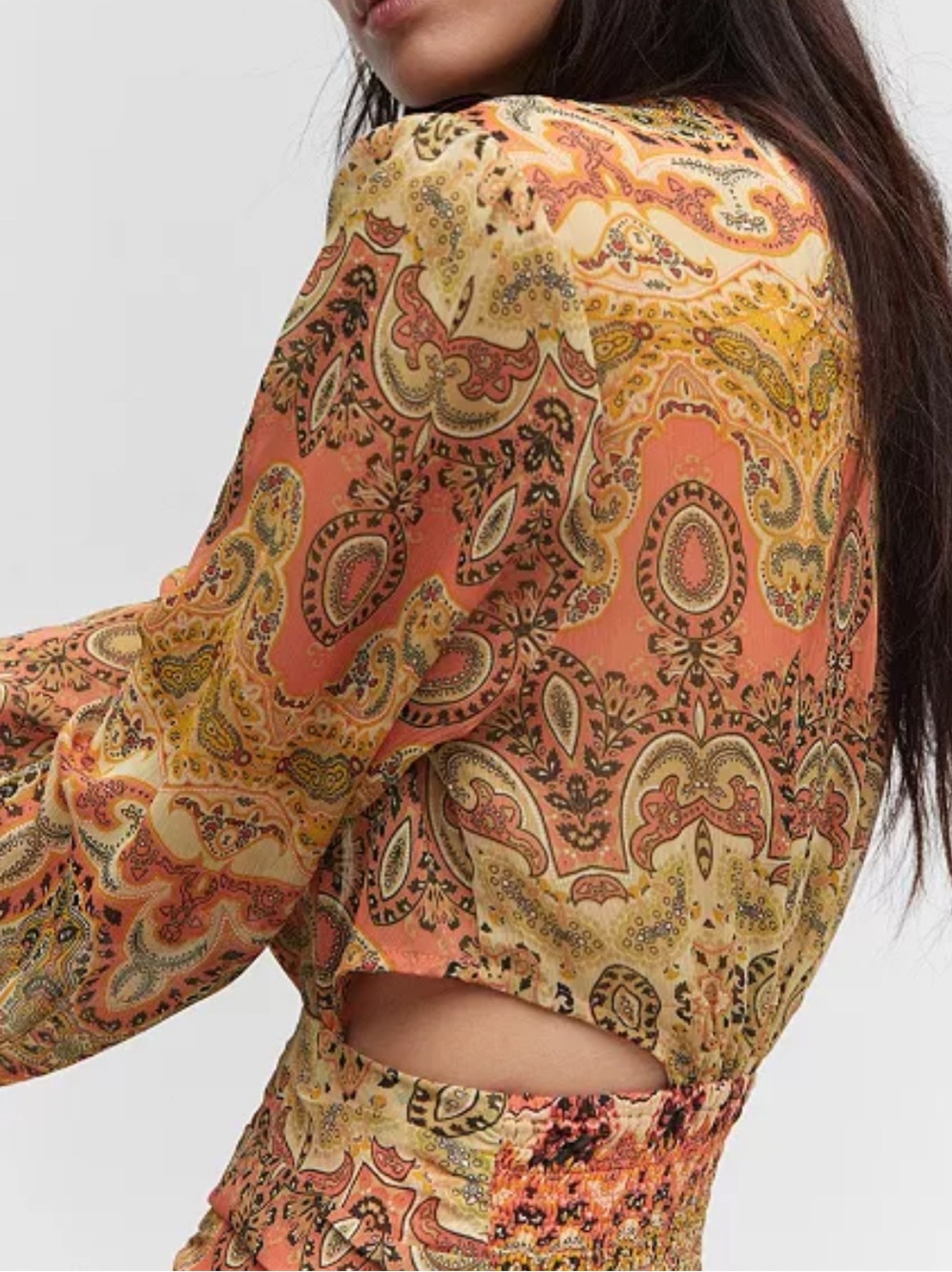 MNG Boho Western Indie Printed Balloon Sleeve Cut Out Waist Mini Dress